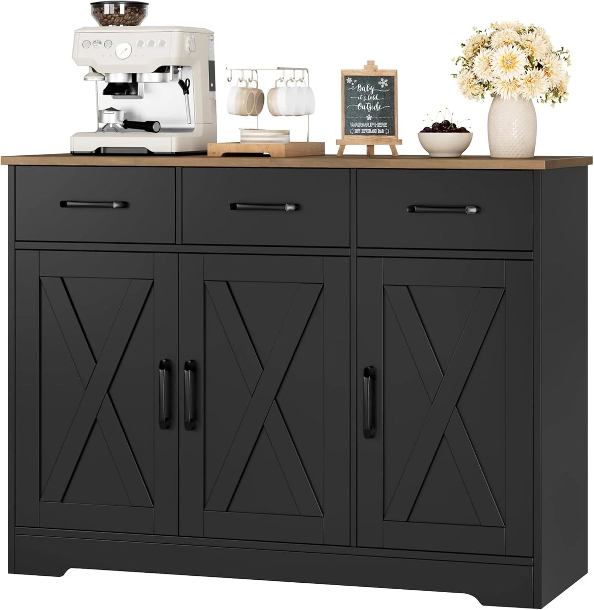 HOSTACK Modern Farmhouse Sideboard Buffet Cabinet Barn Doors Buffet Storage Cabinet with Drawers