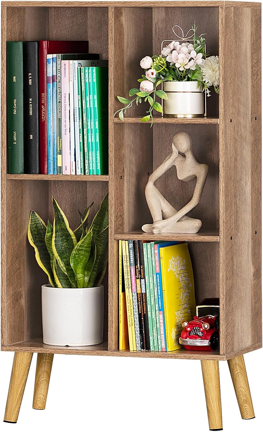LEYAOYAO Wooden 7 Cube Book Shelf Natural Bookshelf Legs Modern Open Storage Organizer