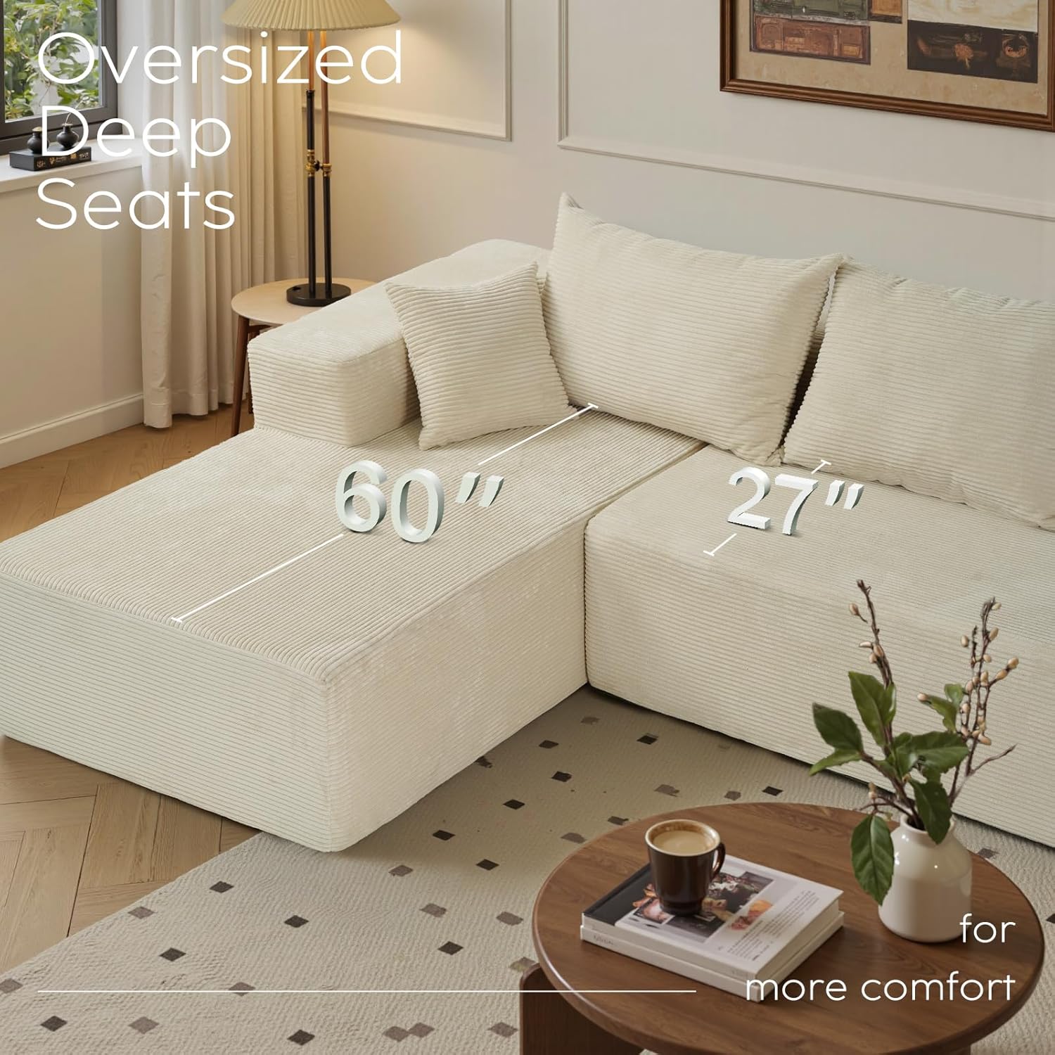 Cloud sofa with L-shaped lounge chair modern modular sofa with deep seats
