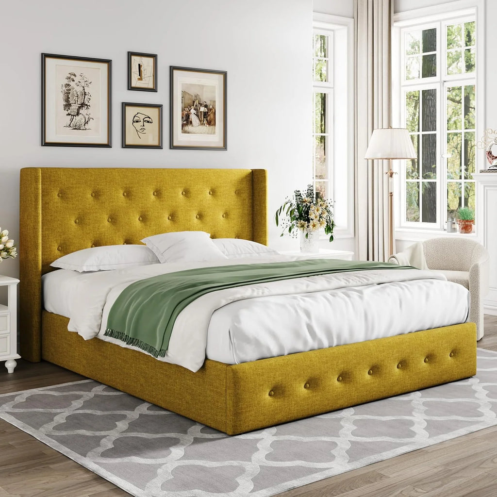 Allewie Queen Size Lift Up Storage Bed Modern Wingback Headboard Hydraulic Support