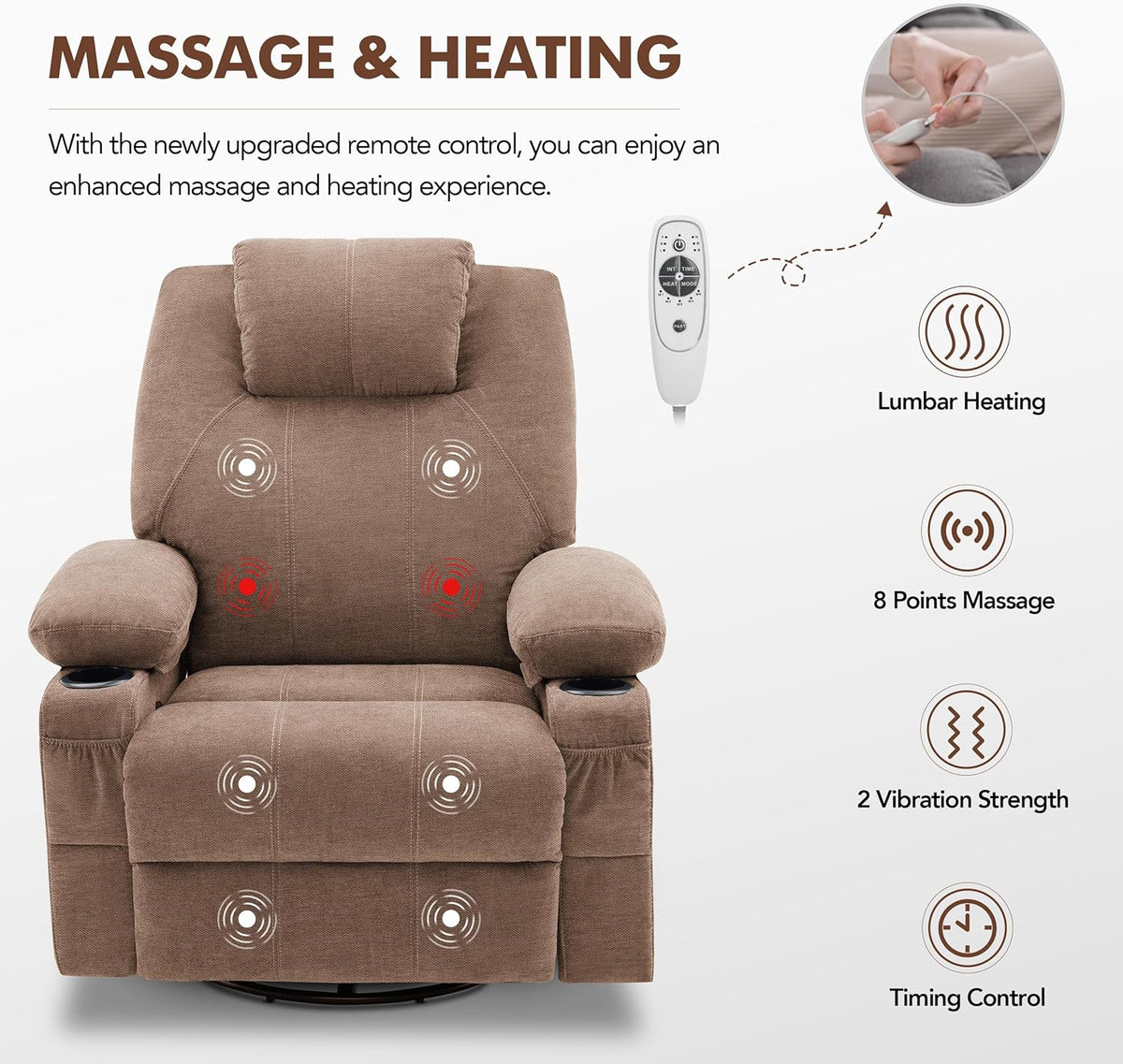 Large Swivel Rocking Recliner with Heating and Massage Function, 360 Degree Swivel Rocking Single Sofa