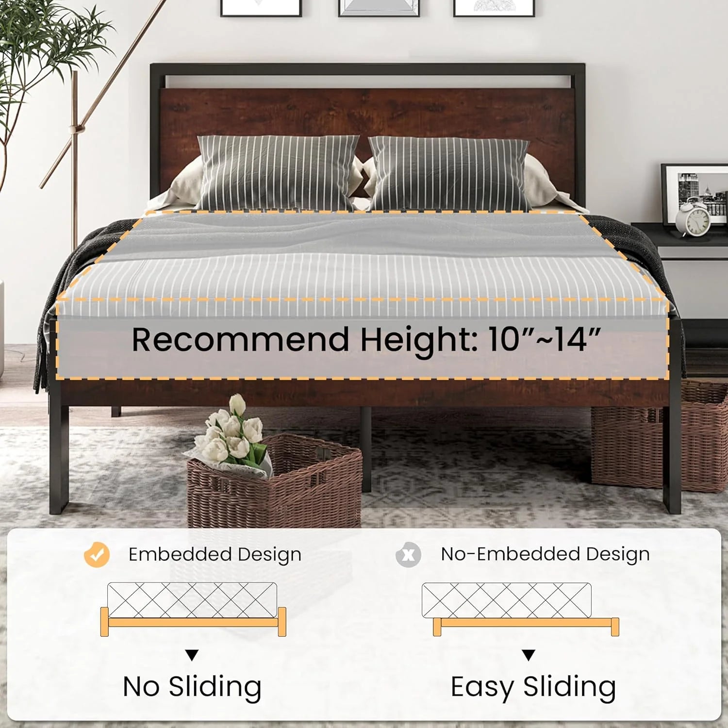 SHA CERLIN 14 Inch Full Size Metal Platform Bed Frame with Wooden Headboard and Footboard