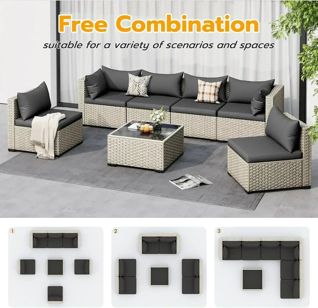 UDPATIO Outdoor Patio Furniture Set 7-Piece PE Wicker Sectional Sofa Outdoor Conversation Set