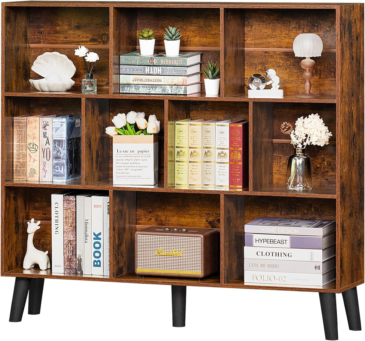 LEYAOYAO Wooden 7 Cube Book Shelf Natural Bookshelf Legs Modern Open Storage Organizer