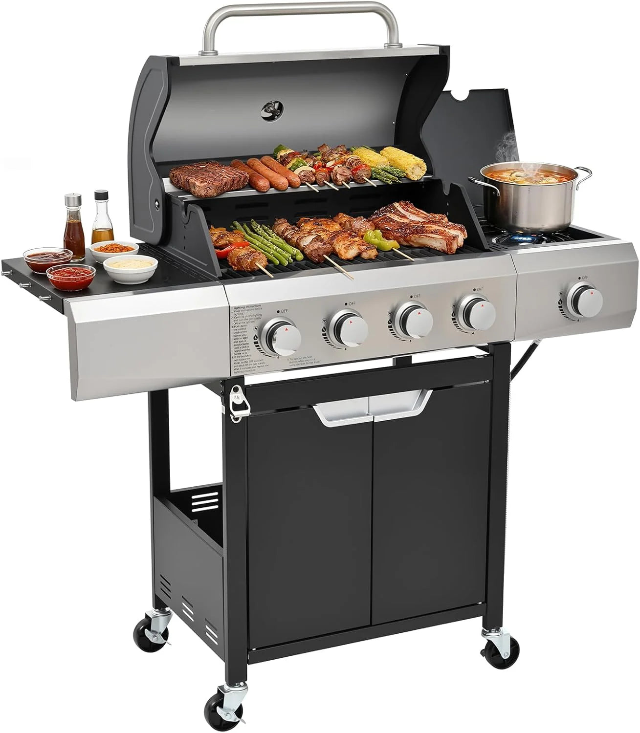 4-Burner Propane Gas Grill with Side Burner, 46,500 BTU Output Stainless Steel Grill