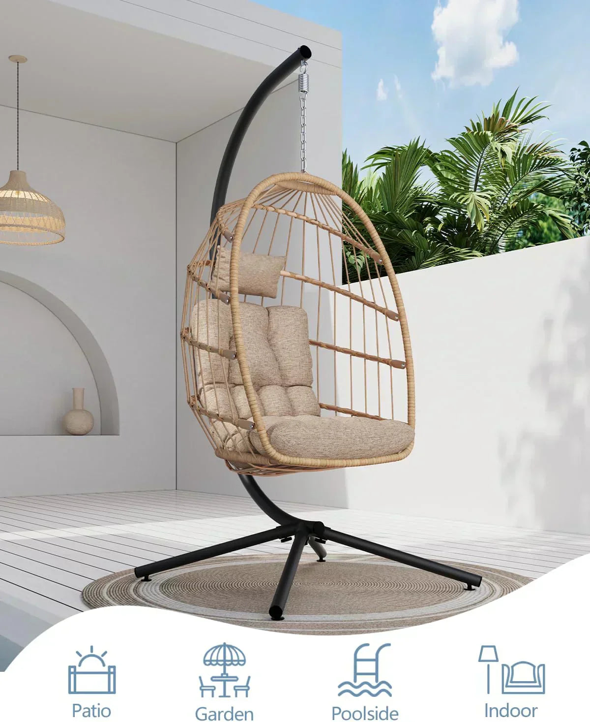 SWITTE Egg Chair Outdoor with Stand Indoor Wicker Hanging Egg Swing Chair with Cushion