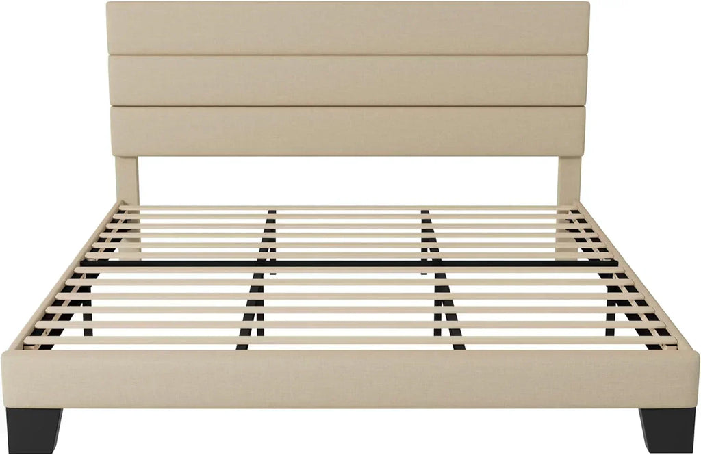 Allewie King size platform bed frame with velvet upholstered headboard and planks