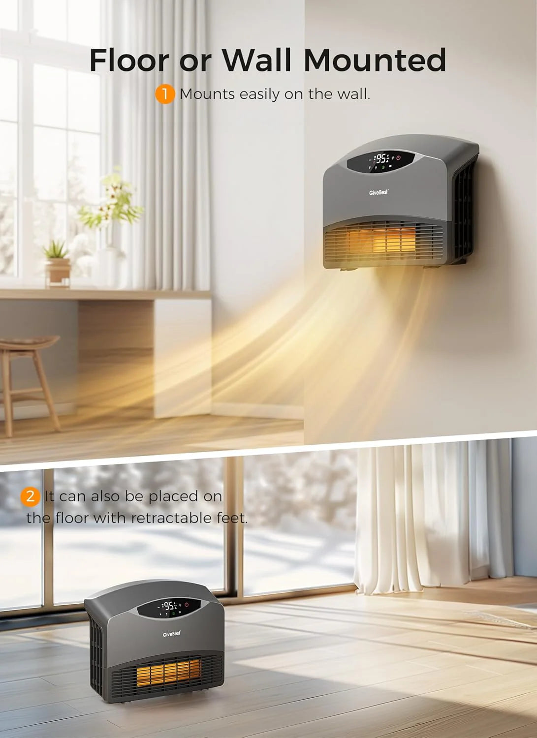 GiveBest Electric Wall Heater with WiFi and Remote Control, Floor or Wall Mounted Heater, Large Room Coverage, 3 Heating Modes, 1500W Fast Heating Space with Thermostat for Indoor Room Use