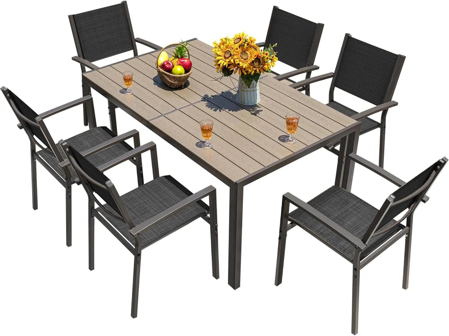 Homall Patio Dining Set 7 Pieces Outdoor Furniture Table and 6 Textilene Chairs, Light Grey