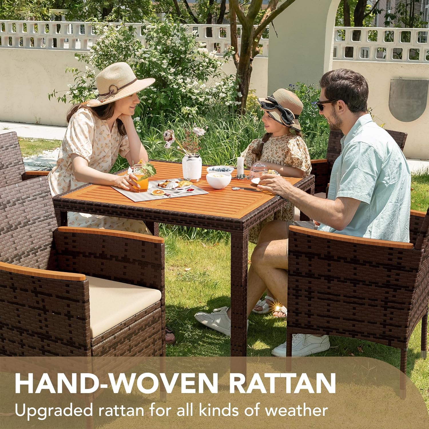 Devoko Dining 7 PCS Furniture Patio Conversation Set with Acacia Wood Table Top Rattan Outdoor