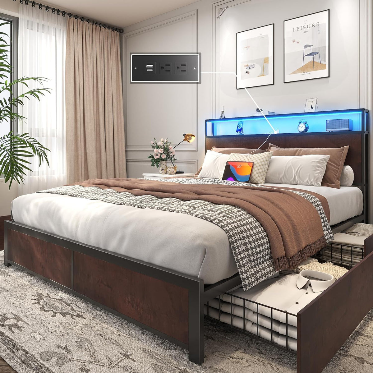 Lifezone Queen Bed Frame with 2-Tier Storage Headboard, Metal Platform Bed Frame with 4 Storage Drawers, Built in Charging Station & LED, Noise-Free/Metal Support/No Box Spring Needed