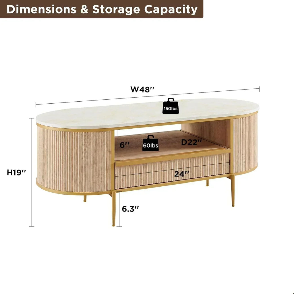 OKD Modern Luxury Grooved Coffee Table 48 Inch Oval Coffee Table Drawers Imitation Marble Top