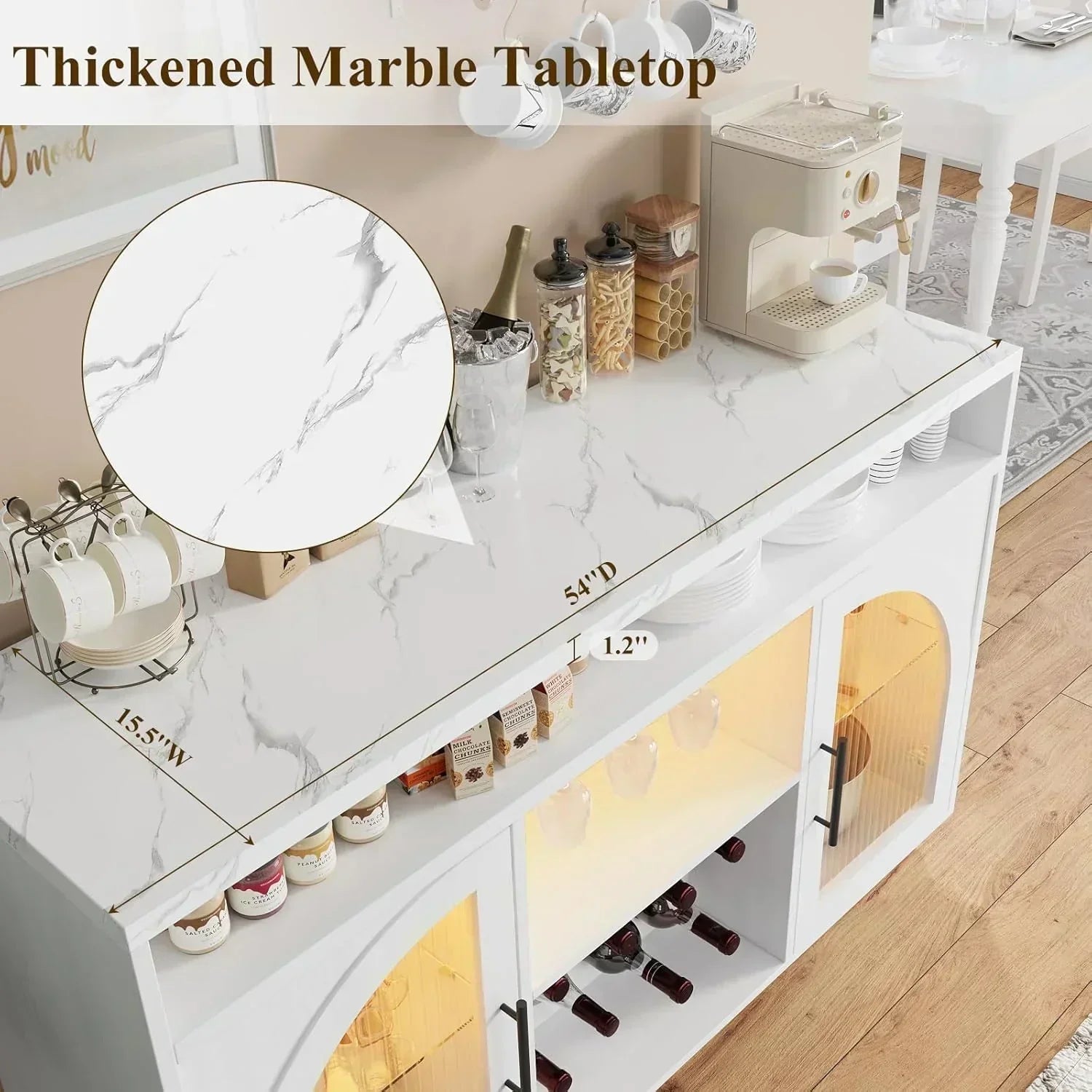 Sideboard 54-inch kitchen cabinet with LED lights and arched glass doors tall bar cabinet