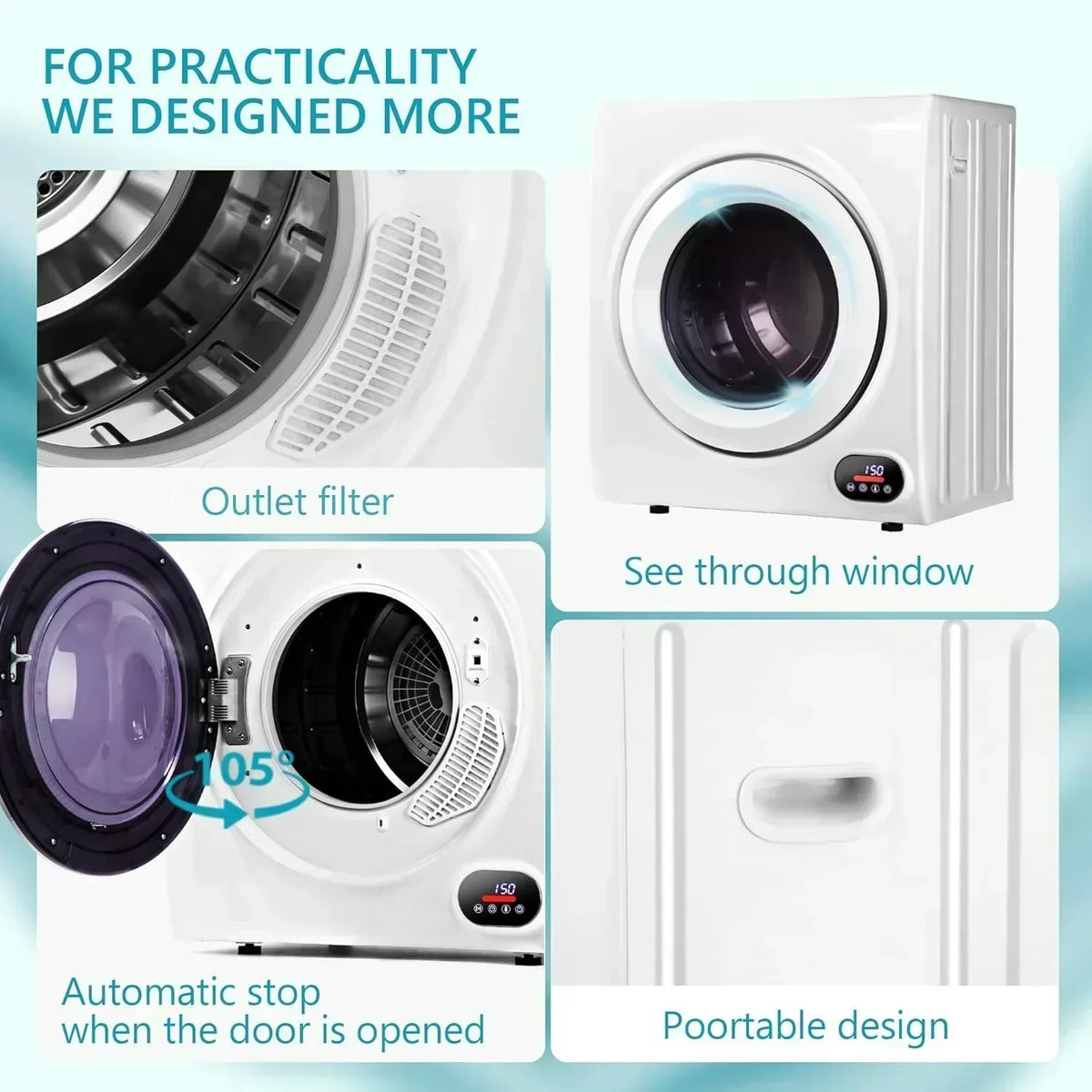 Compact Laundry Dryer 3.5 cu ft Front Load Stainless Steel Clothes Dryers With Exhaust Pipe