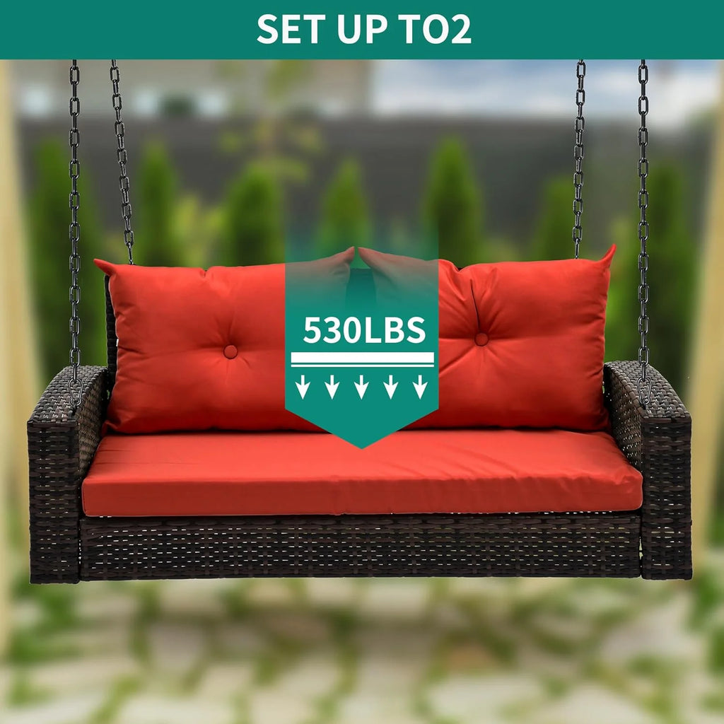 YITAHOME Hanging Porch Swing Chair Sits 3 People, Wicker Outdoor Swing Bench, Patio Lounge Chair, 1 Seating Cushion and 3 Back Cushions, w/Removable Covers, for Garden, Balcony, Backyard, Brown