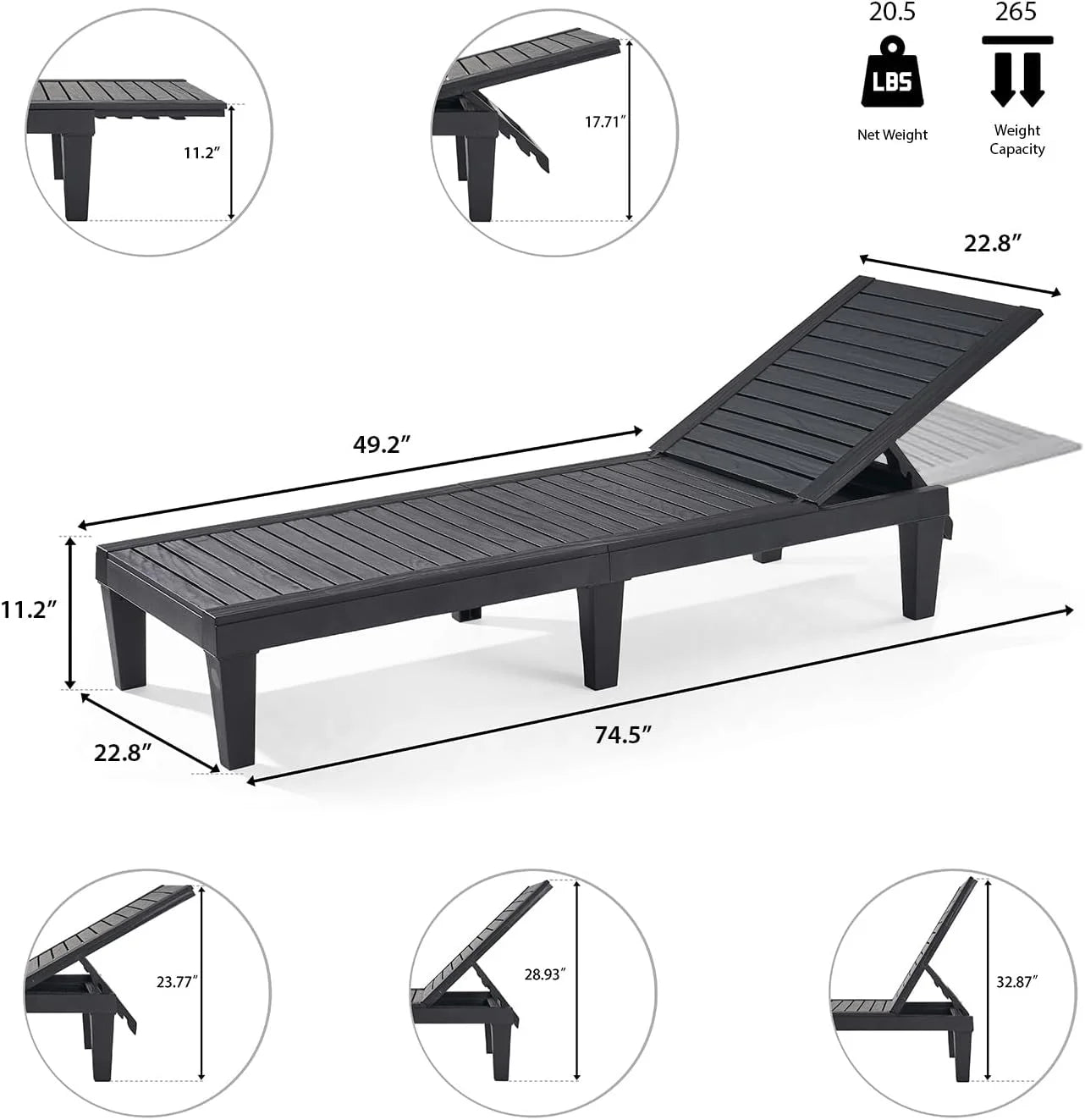 Patio Chairs - Black Chaise Lounge Chair Outdoor 5-Position Adjustable Sun Tanning Chair Waterproof Pool Lounge Chairs Set of 2 Reclining Lawn Chair, Lightweight Outdoor Lounge Chairs