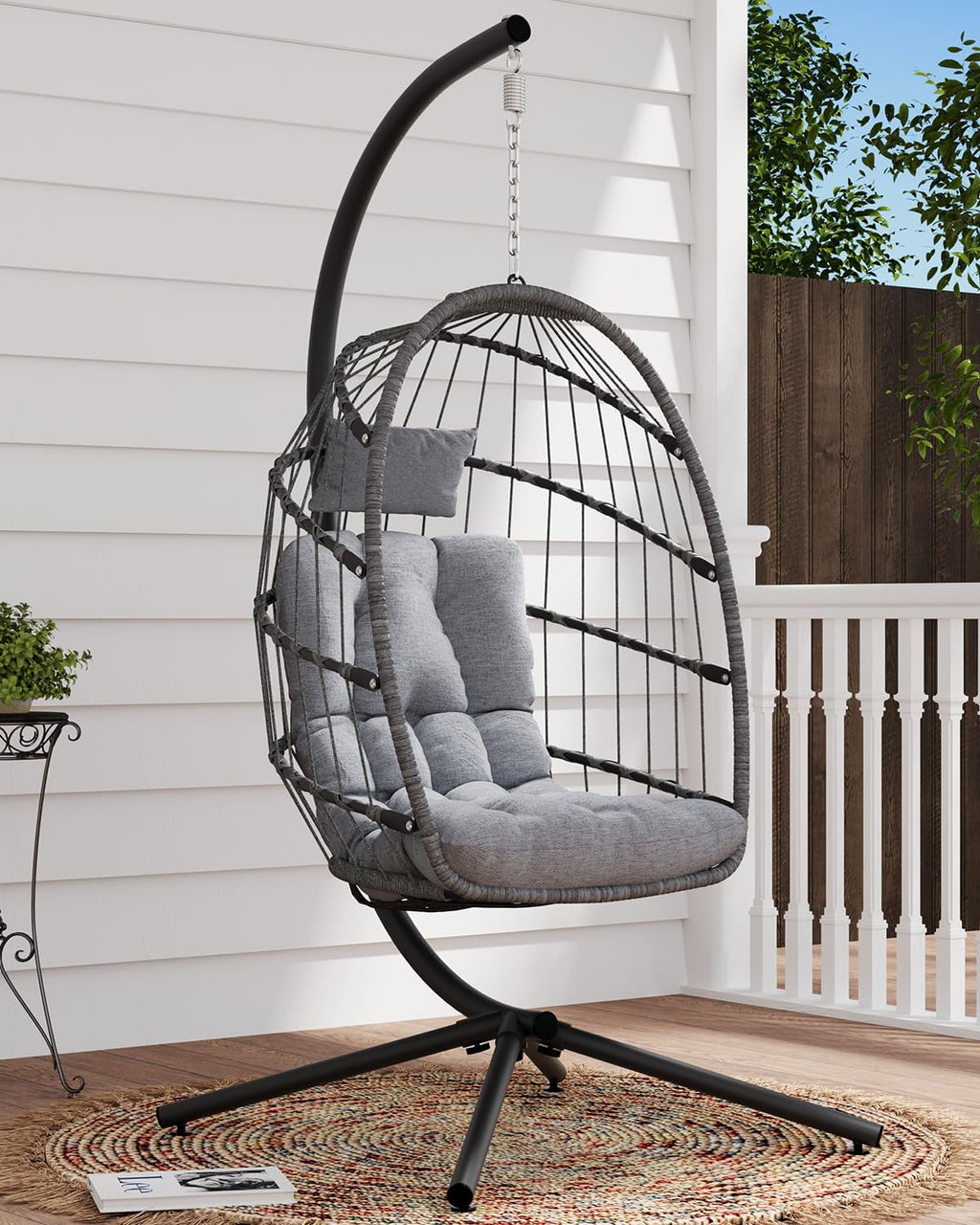SWITTE Egg Chair Outdoor with Stand Indoor Wicker Hanging Egg Swing Chair with Cushion
