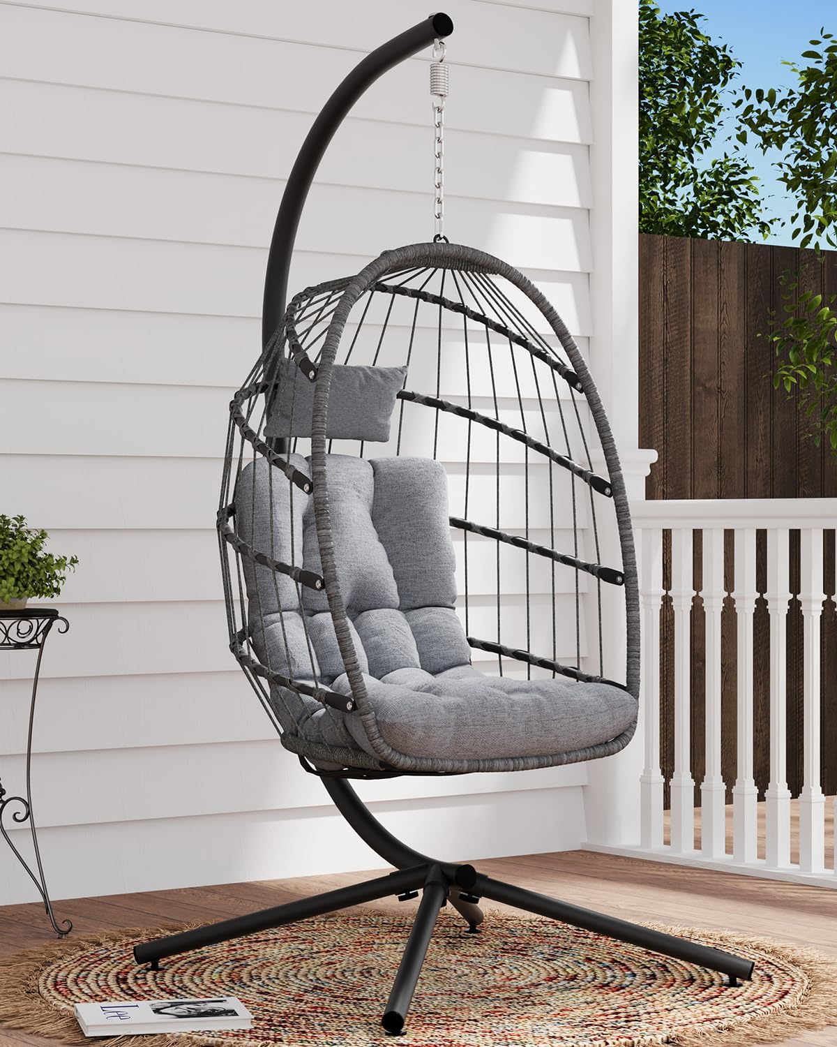 SWITTE Egg Chair Outdoor with Stand Indoor Wicker Hanging Egg Swing Chair with Cushion