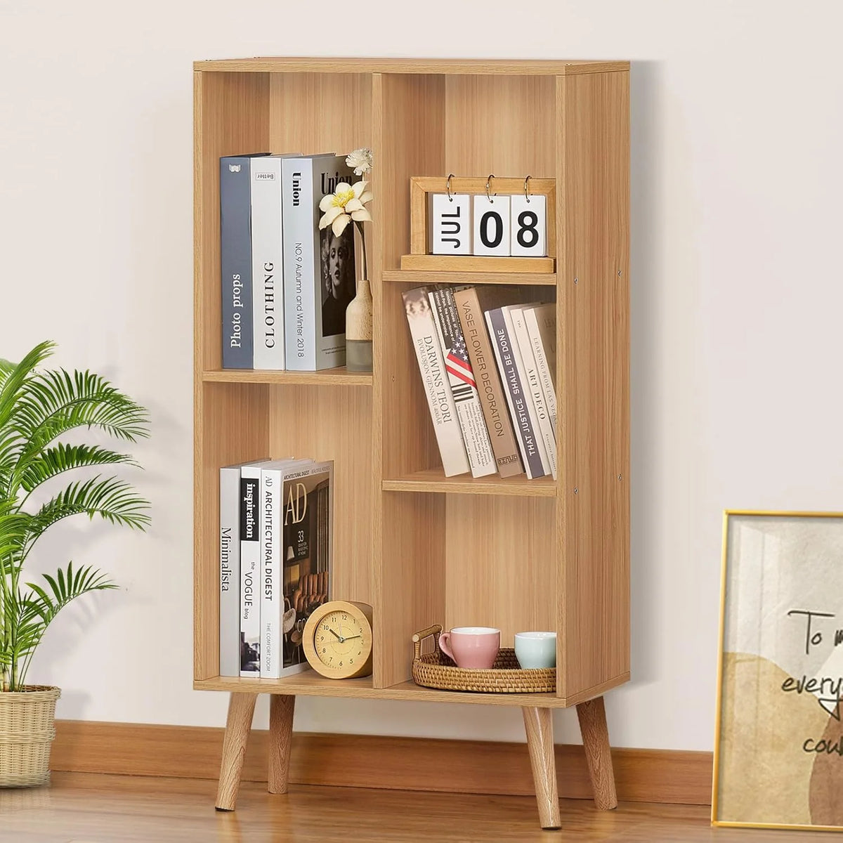 LEYAOYAO Wooden 7 Cube Book Shelf Natural Bookshelf Legs Modern Open Storage Organizer