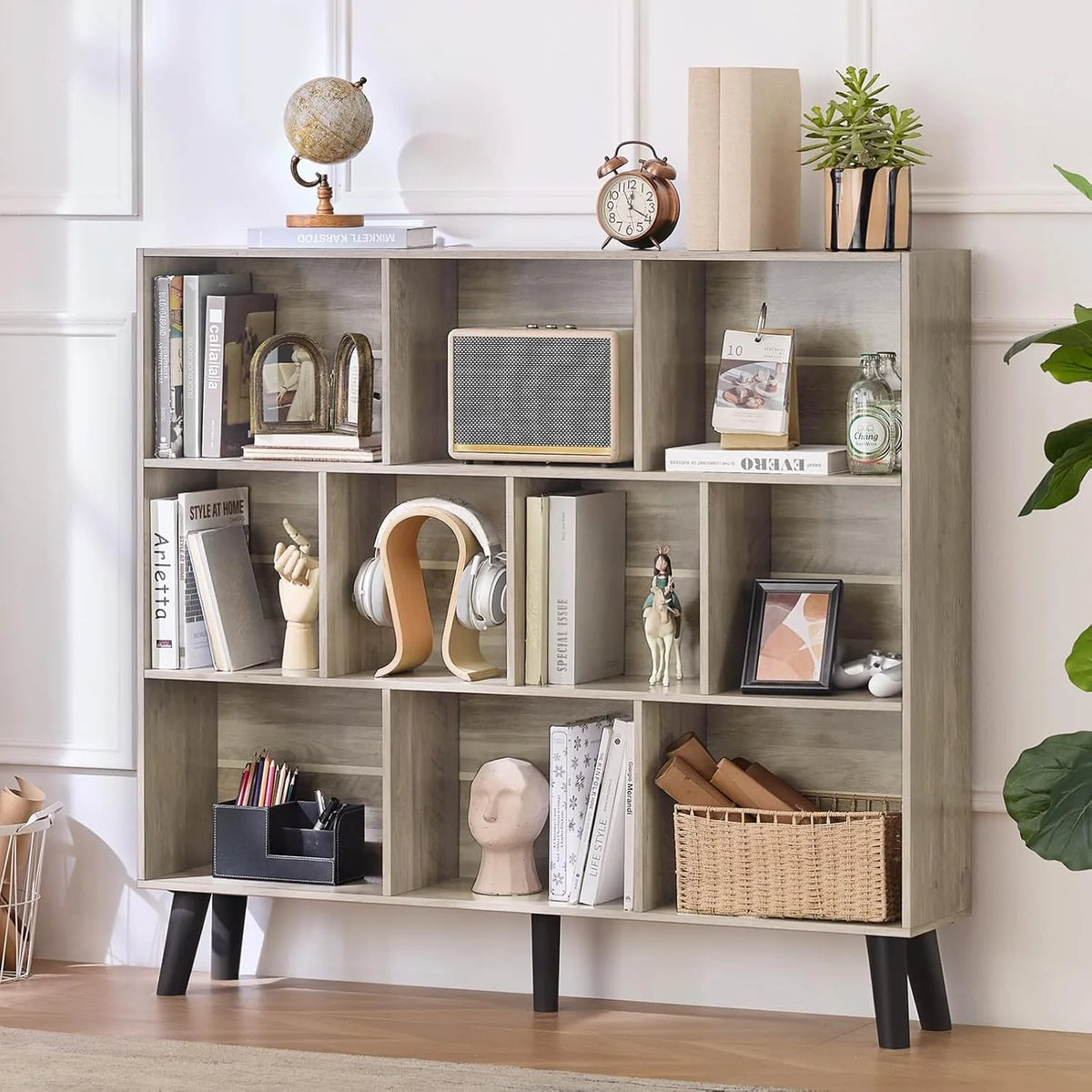 LEYAOYAO Wooden 7 Cube Book Shelf Natural Bookshelf Legs Modern Open Storage Organizer