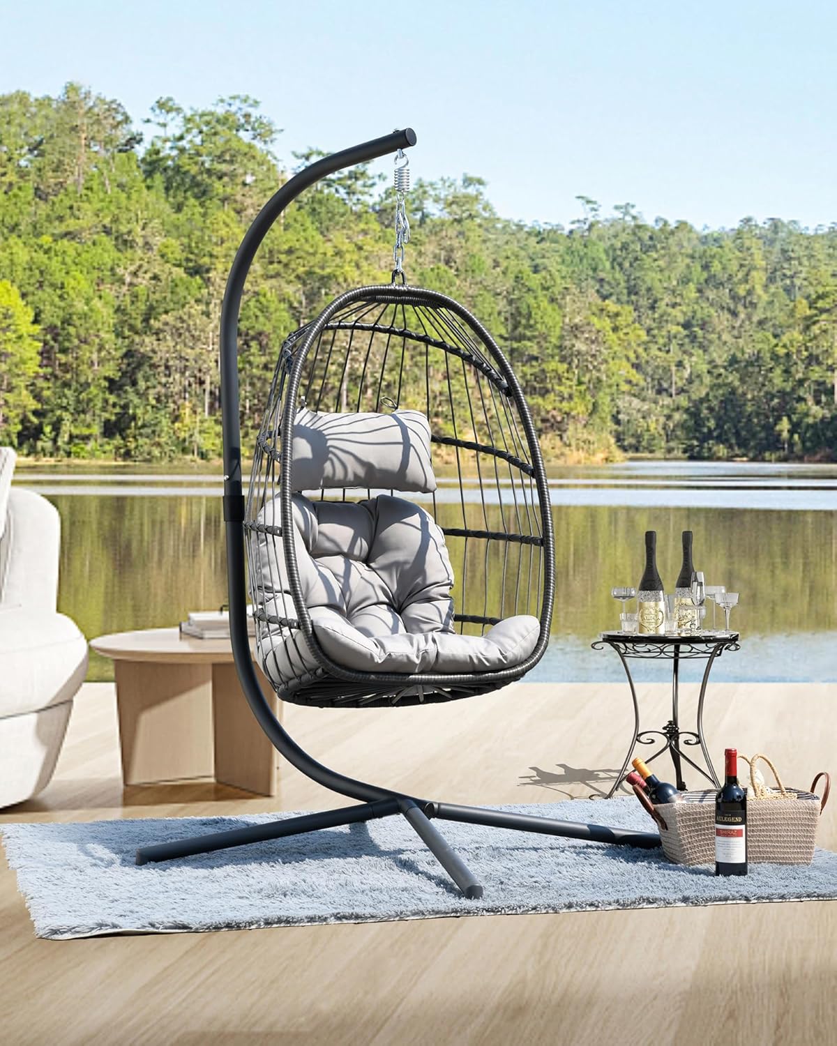 HWB Hanging Egg Chair with Stand Patio Wicker Hammock Egg Swing Chair Cushion for Bedroom