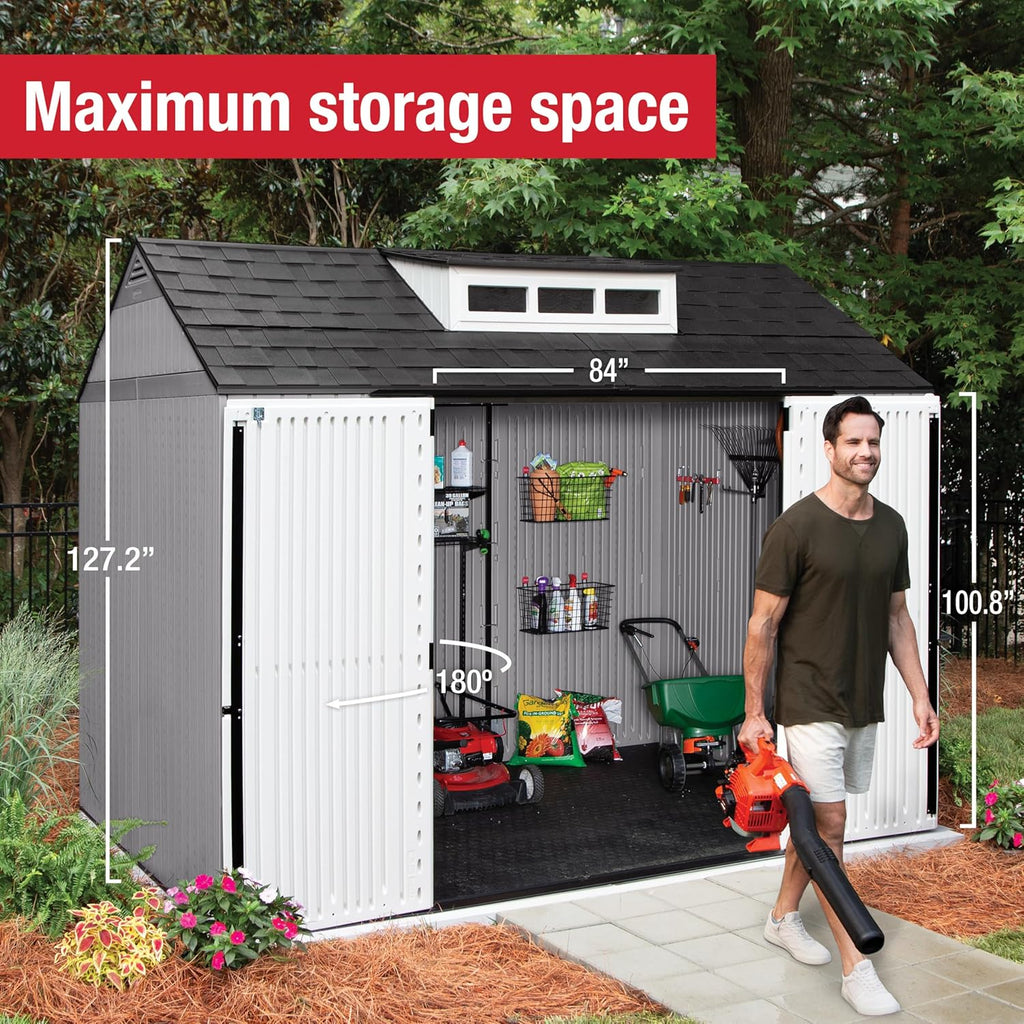 Rubbermaid Resin Outdoor Storage Shed With Floor Weather Resistant Gray Organization for Home