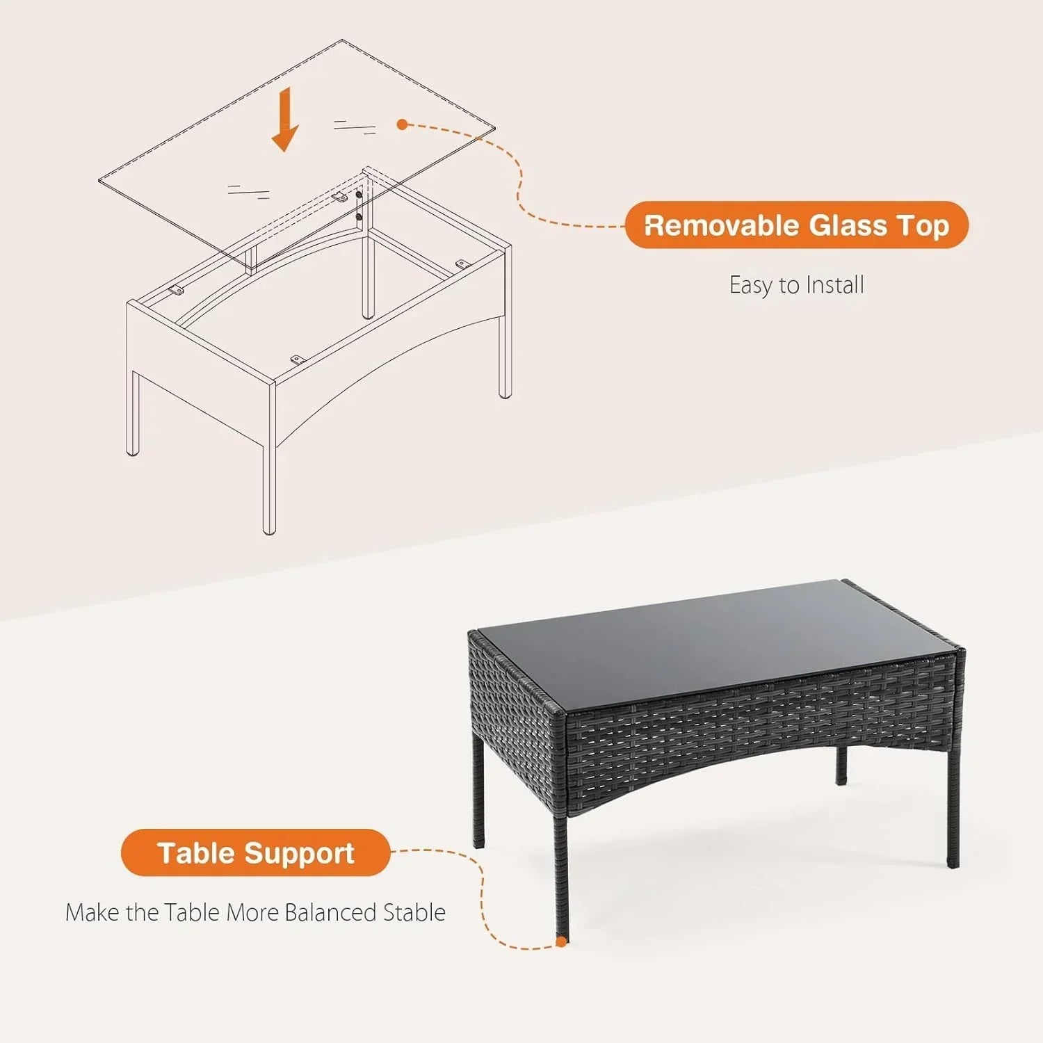 Sweetcripy Patio Furniture Set 3 Pieces Outdoor Furniture with Soft Cushion and Glass Table