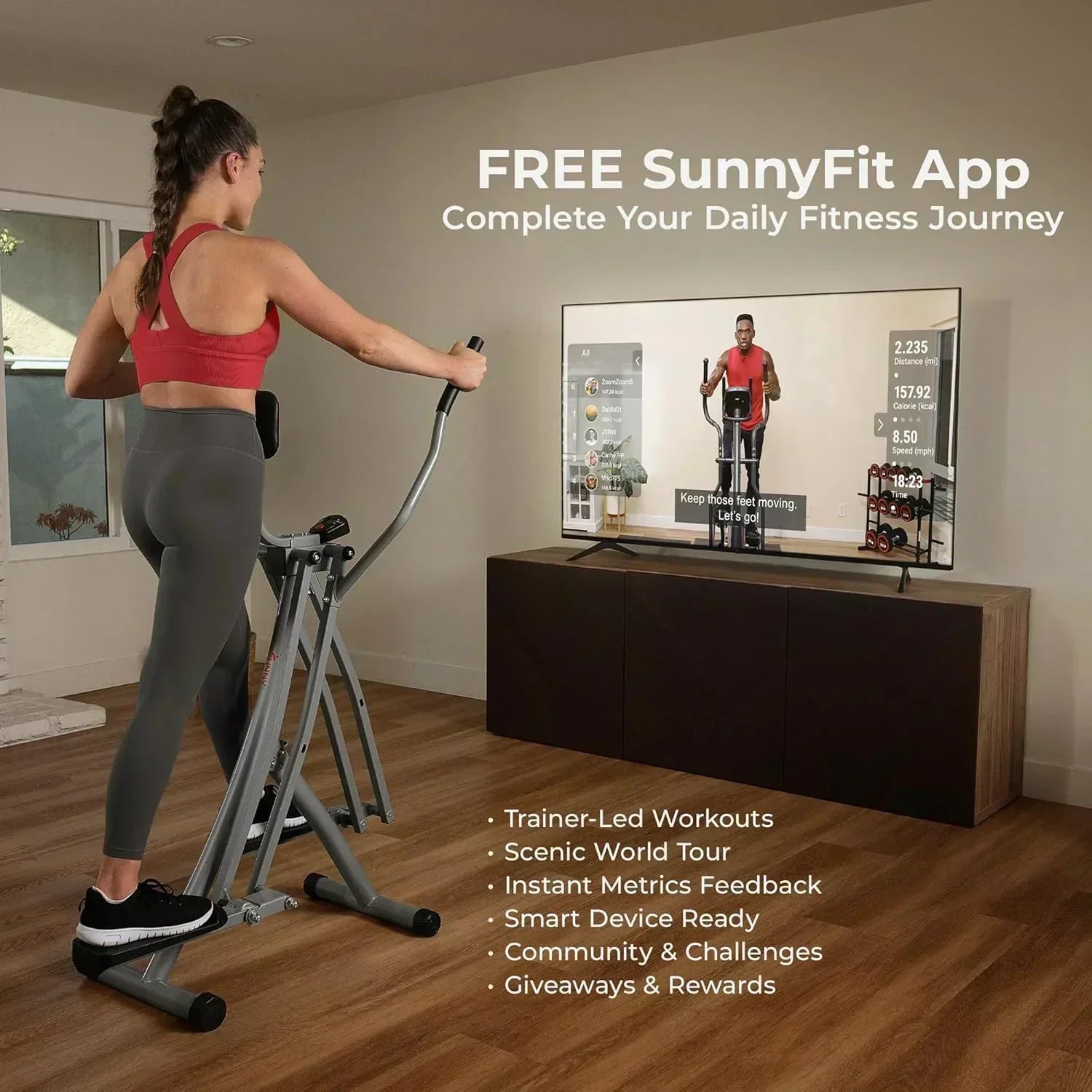 Sunny Health & Fitness Smart Air Walker Elliptical Low-Impact 30-Inch Stride Home Glider Machine