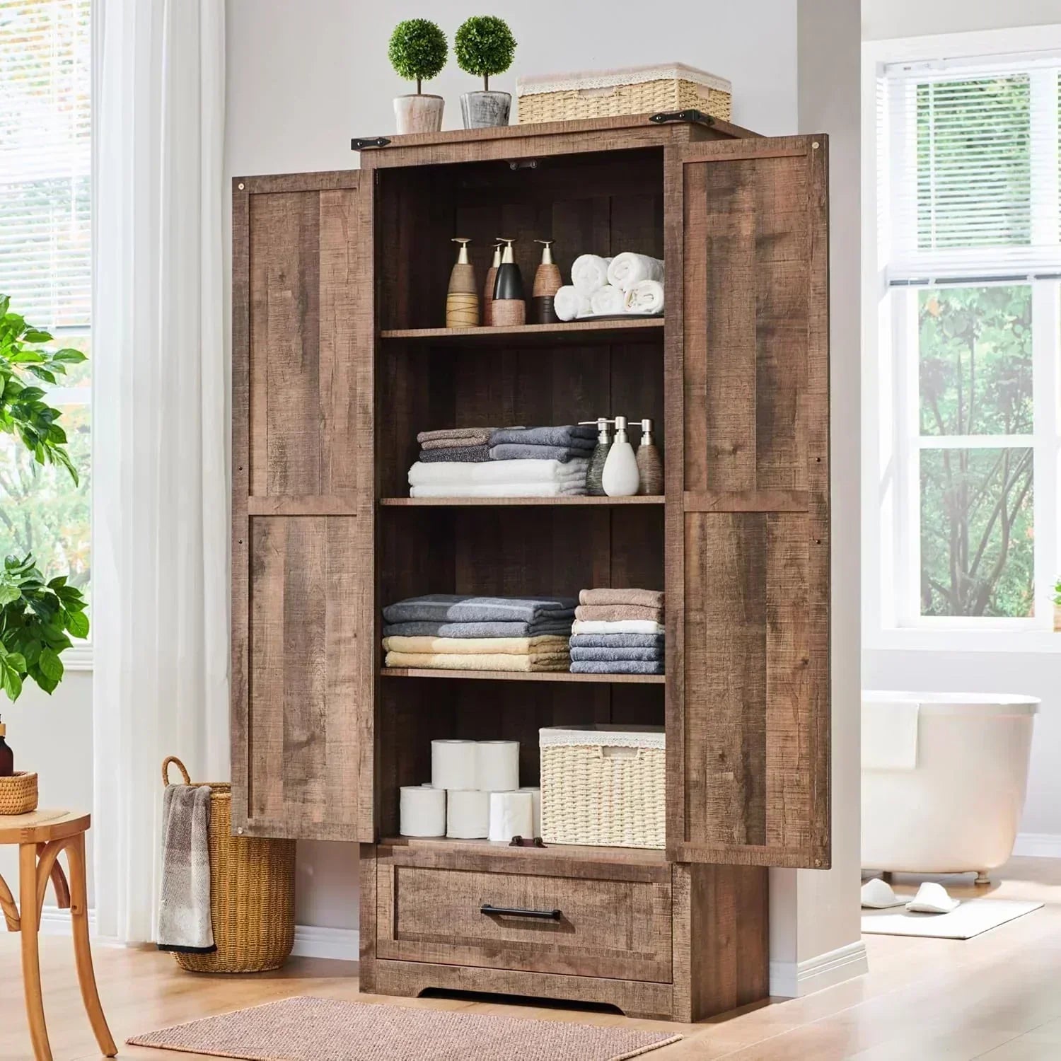 JXQTLINGMU Farmhouse Kitchen Pantry 72 Tall Wood Kitchen Storage Cabinet Adjustable Shelves
