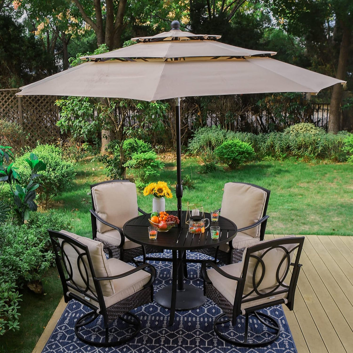 PHI VILLA 6-Piece Outdoor Dining Sets, All-Weather Patio Table and Chairs Set with Umbrella for 4, Heavy Duty Patio Round Table Set for Deck, 4 Extra Large Outdoor Swivel Chairs with Thick Cushions