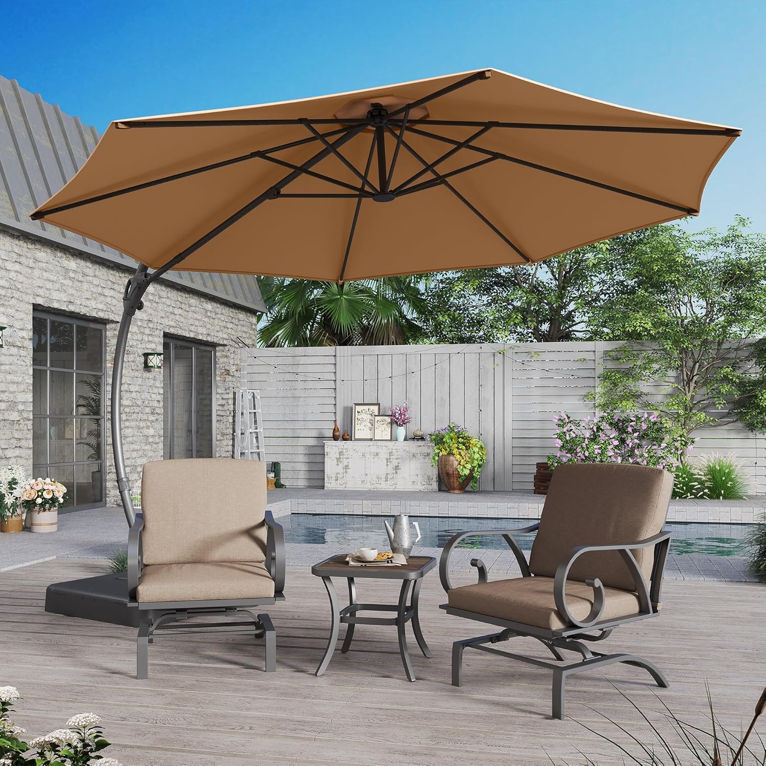 LAUSAINT HOME Outdoor Patio Umbrella with Base included, 11 FT Deluxe Curvy Cantilever Umbrella Heavy Duty Offset Hanging Umbrella with 360° Rotation for Market, Pool, Garden, Backyard, Deck (Beige)