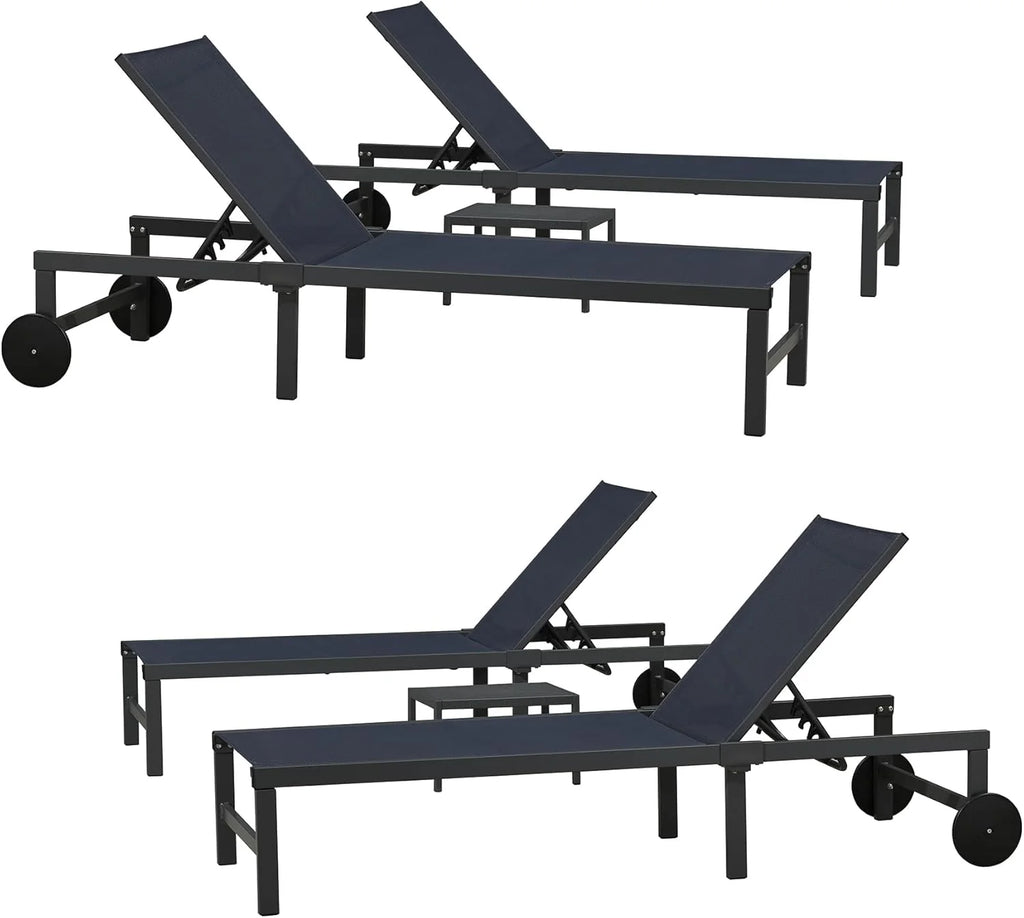 PURPLE LEAF Patio Tanning Lounge Chair Set with Face Down Hole Outdoor Aluminum Adjustable Reclining Chairs Wheels Pillows and Table for Poolside Beach Sunbathing Lounger, Beige
