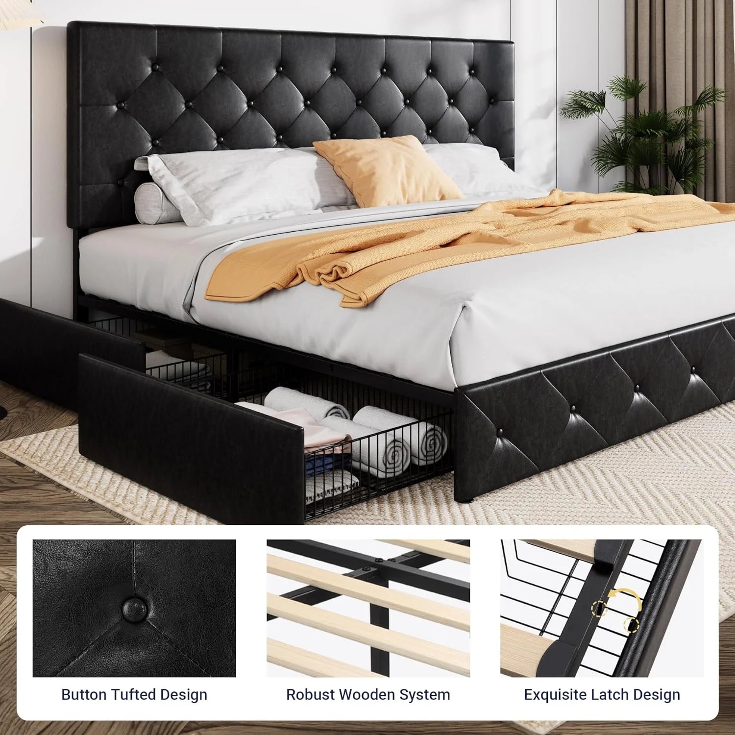 Allewie Upholstered Queen Size Platform Bed Frame with 4 Storage Drawers and Headboard