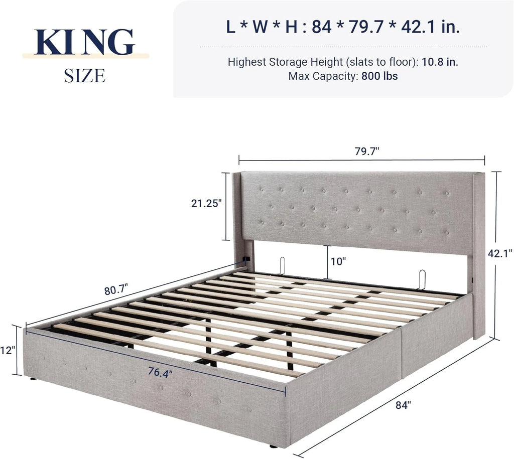 Allewie Queen Size Lift Up Storage Bed Modern Wingback Headboard Hydraulic Support