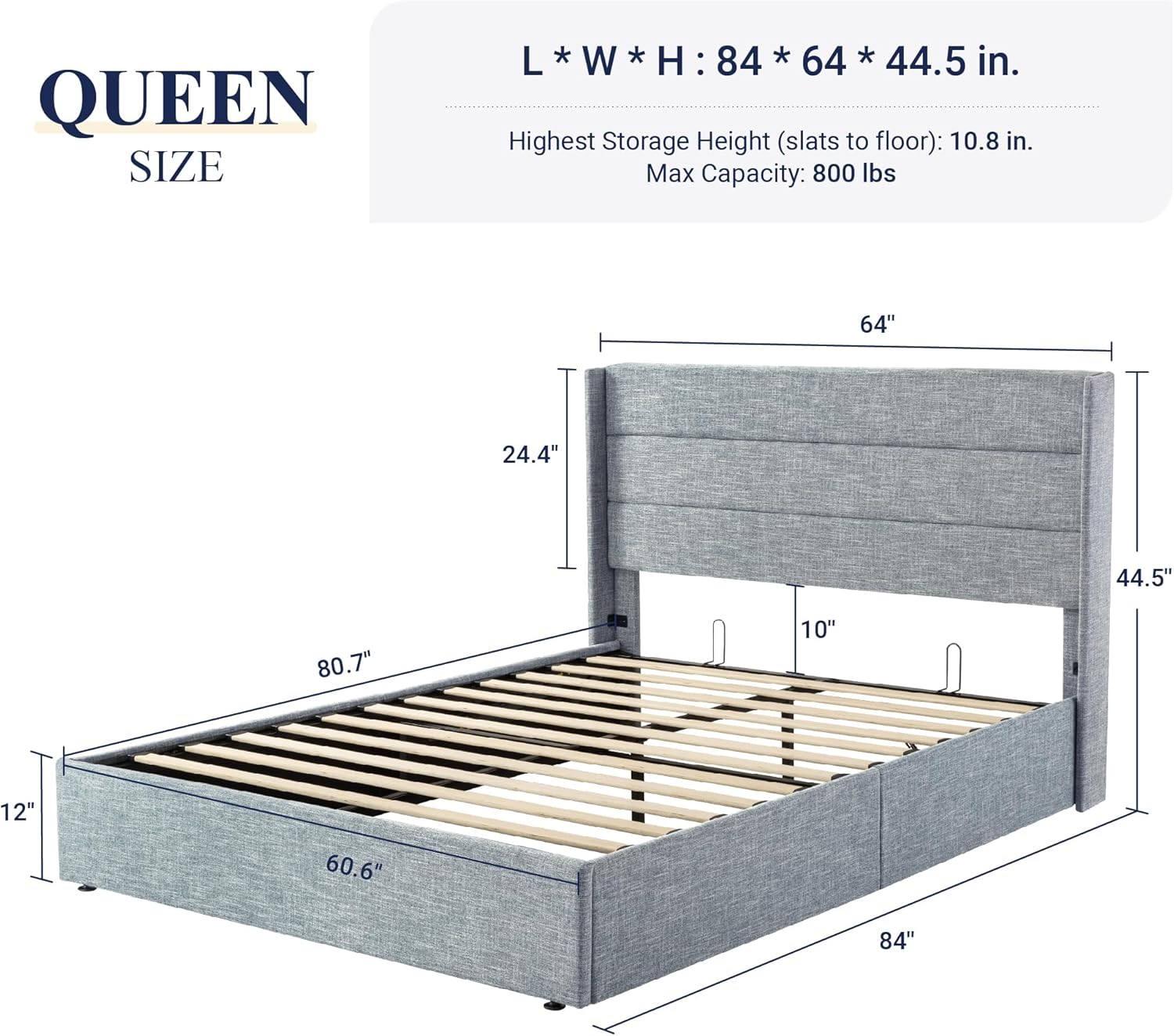 Allewie Queen Size Lift Up Storage Bed Modern Wingback Headboard Hydraulic Support