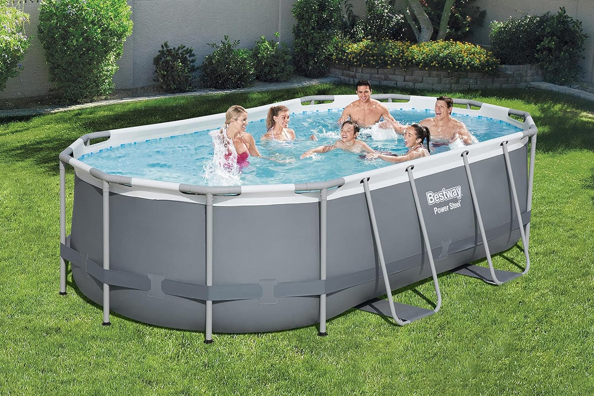 Power Steel 14' x 8'2 x 39.5 Oval Above Ground Pool Set | Includes 530gal Filter Pump, Ladder, ChemConnect Dispener