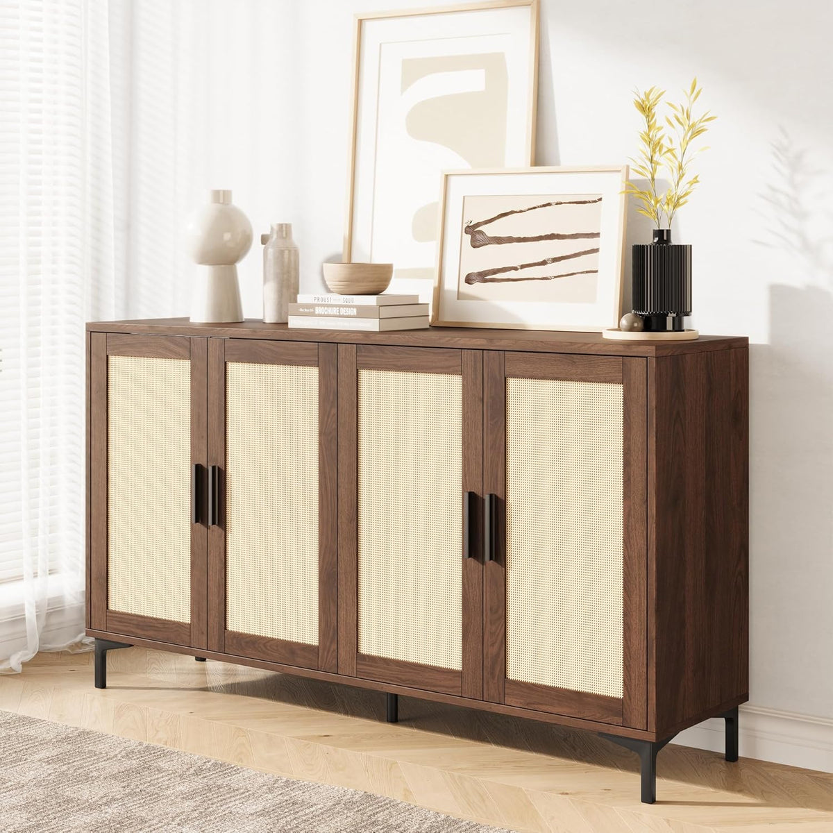JASIWAY Buffet Cabinet with Storage 48 Rattan Sideboard Adjustable Shelves Modern Coffee Bar