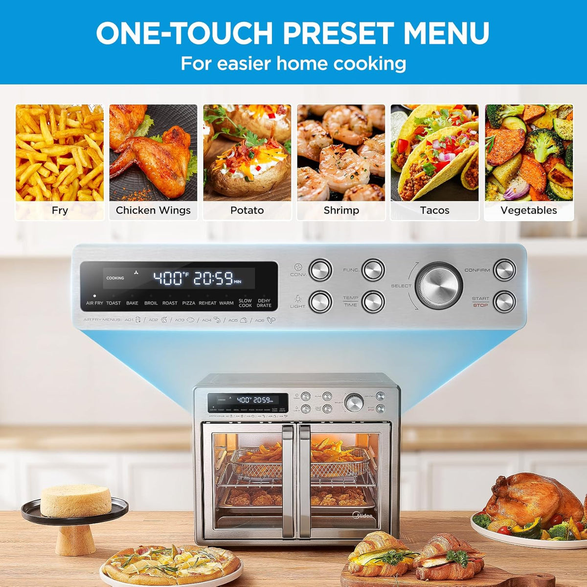 Flexify French Door Toaster Oven Air Fryer Combo 26.4 QT Extra Large Air Fryer Countertop