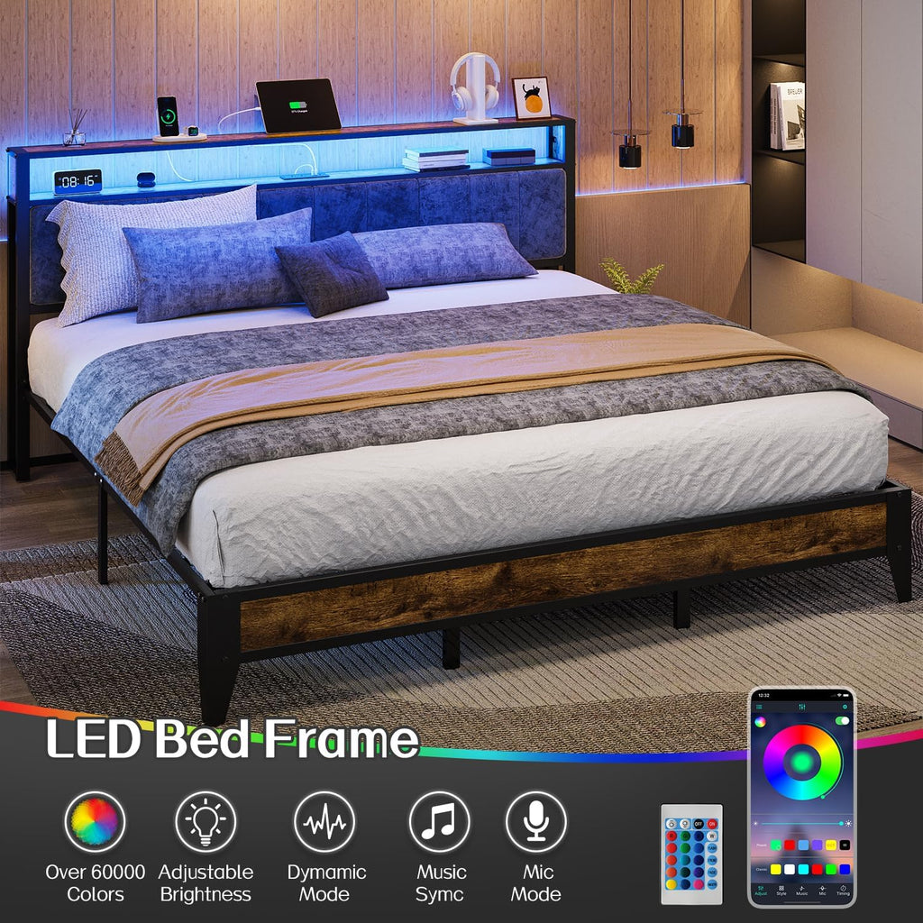 OLEVS Single Bed Frame LED Light Storage Headboard Type C Charging Station Metal Platform Bed
