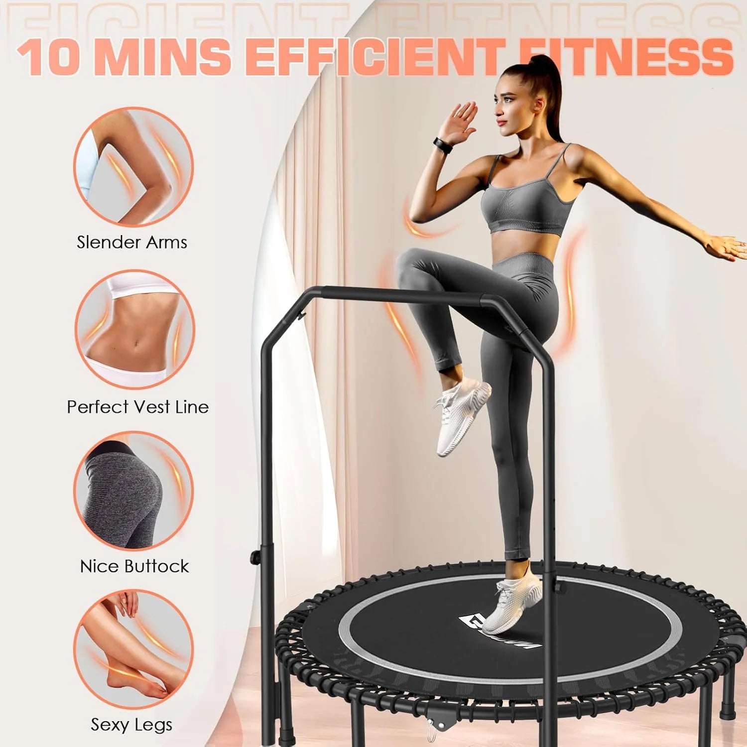 BCAN 450/550 LBS Foldable Mini Trampoline, 40/48 Fitness Trampoline with Bungees, U Shape Adjustable Foam Handle, Stable & Quiet Exercise Rebounder for Adults Indoor/Outdoor Workout