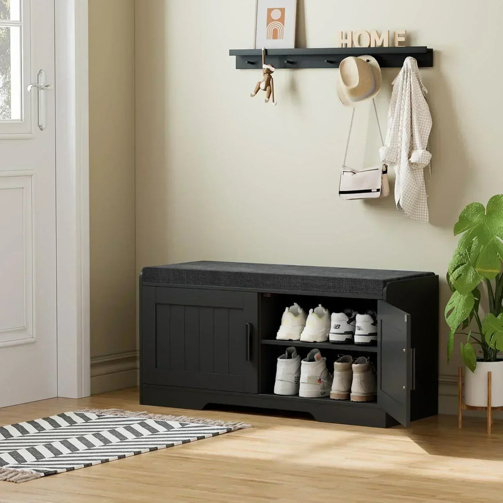 2-Tier Storage Bench Shoe Bench with Thickened Padded Seat Cushion Entryway Bench