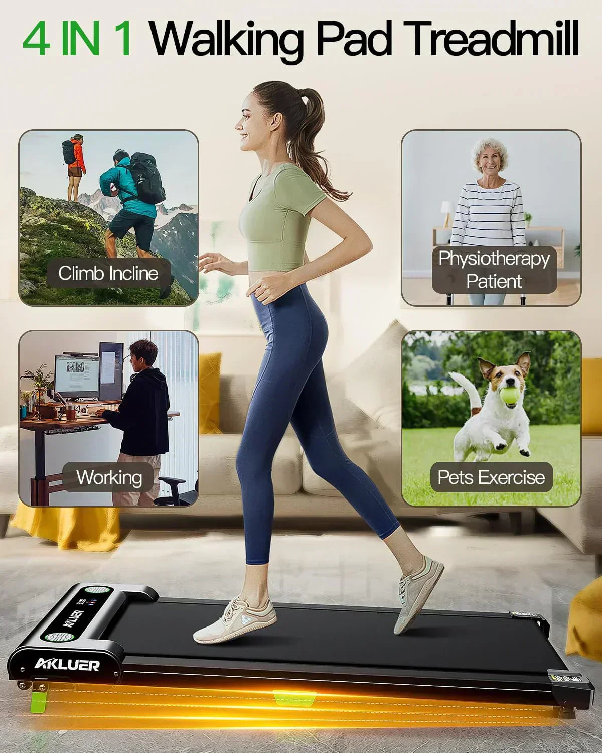 Akluer Inclined Home Treadmill 2.5 HP Small Under-Desk Treadmill Remote Control LED Display