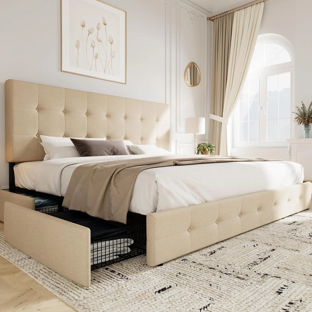 Allewie Upholstered Queen Size Platform Bed Frame with 4 Storage Drawers and Headboard