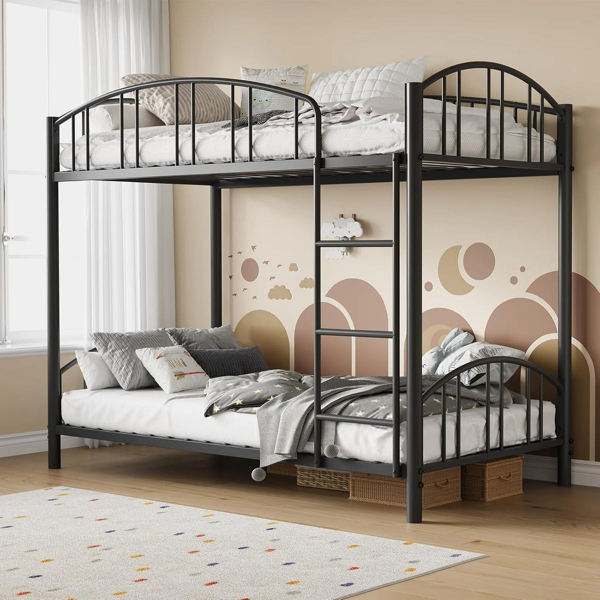 GarveeHome Metal Bunk Bed Twin Over Heavy Duty Bunkbeds Frame Arched Guardrail Safety Ladder