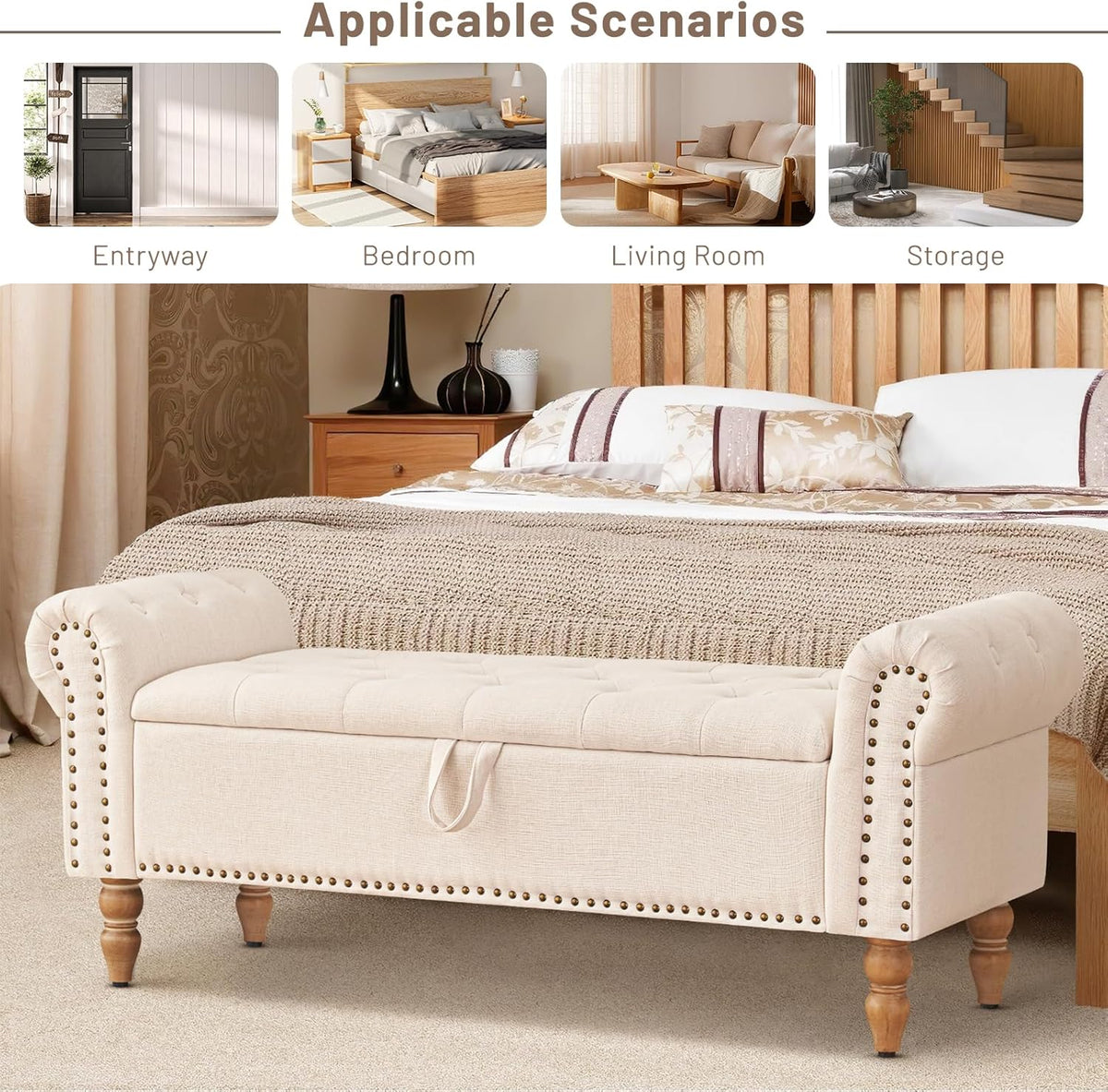 Furniliving Modern Storage Ottoman Bench, Sherpa Ottoman End of Bed Bench with Solid Wood Legs Upholstered Ottoman Benches with Storage Indoor Bench for Living Room with Rolled Arm, Entryway, White