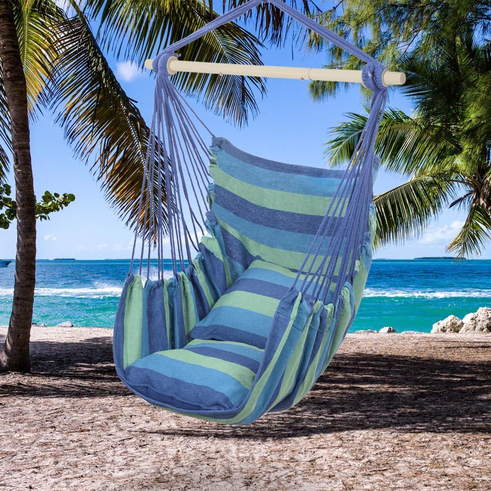 ONCLOUD Hammock Chair Hanging Rope Swing, Load Capacity Up to 550 LBS Macrame Hammock Swing Seat with Two Cushions, Hammock Seats with Portable Steel Spreader Bar for Indoor/Outdoor, Black