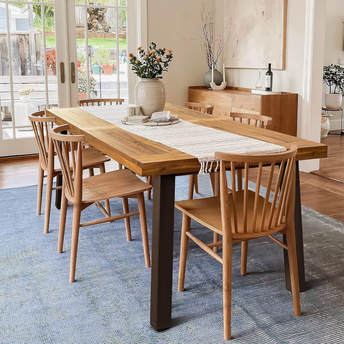 Devoko Home Acacia Wood Dining Table 6-Person Indoor Outdoor Table Iron Legs Sandblast Finish