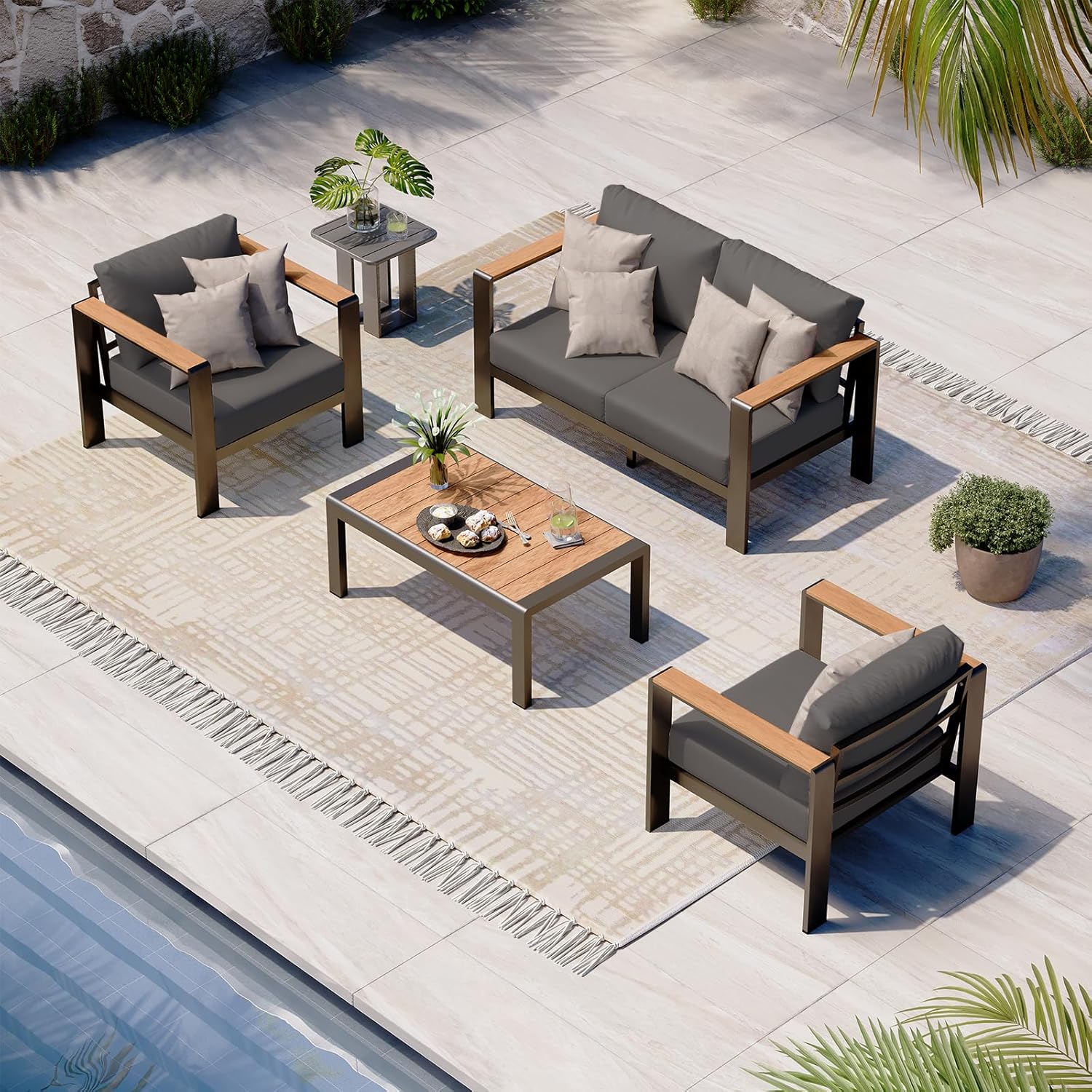 Aluminum Outdoor Patio Furniture Set with Coffee Table, 5 Piece Patio Conversation Sets, Outdoor Sectional Furniture for Porch, Balcony, Yard, Gray