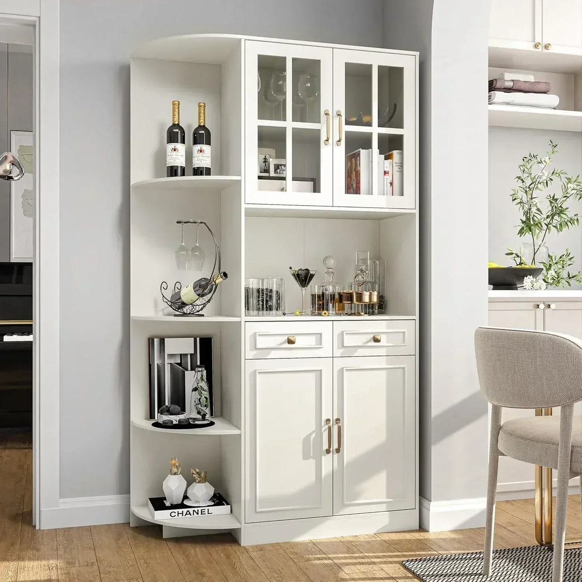 Kitchen Hutch Pantry Cabinet 71 Tall with Glass Doors