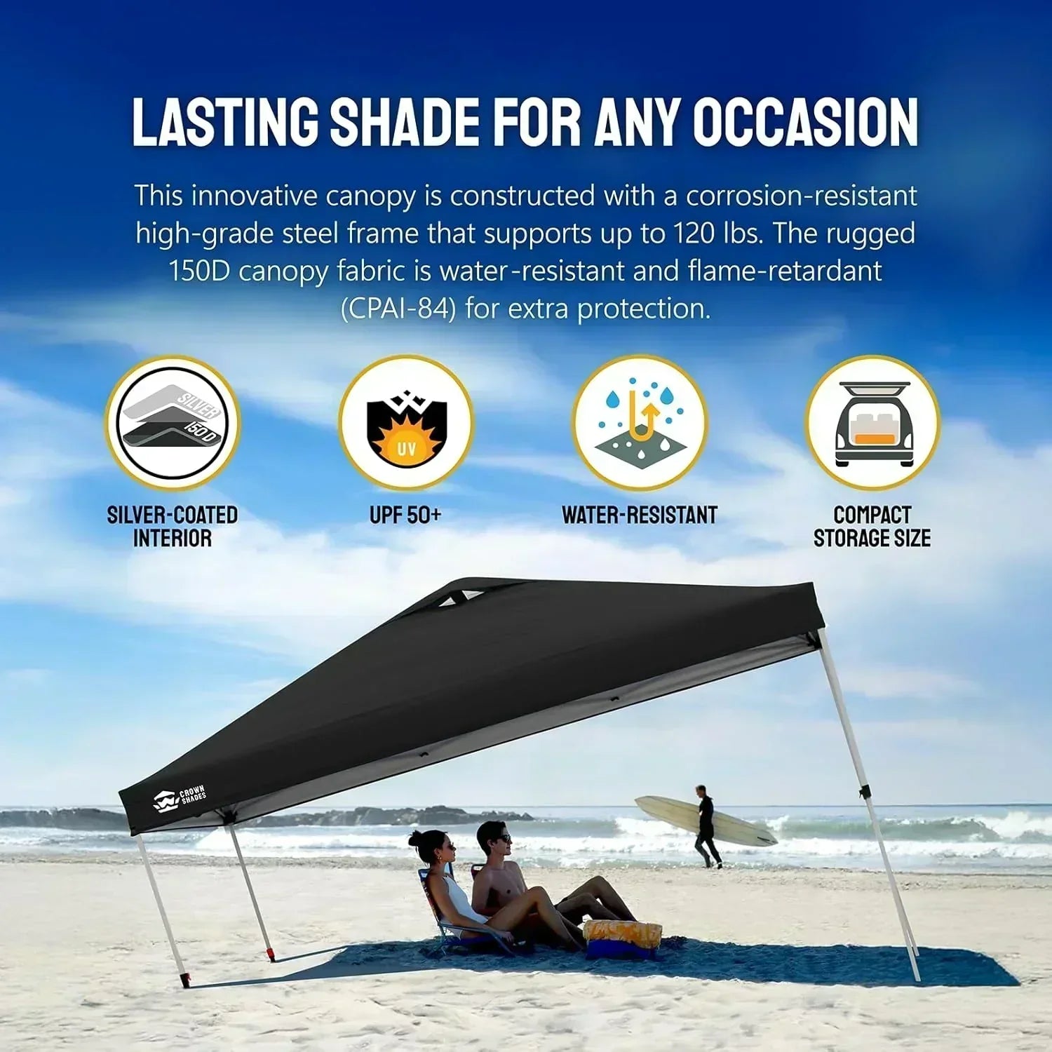 10x10 Pop-Up Awning One-Click Installation Beach Tent Outdoor Sunshade Silver Coated Top